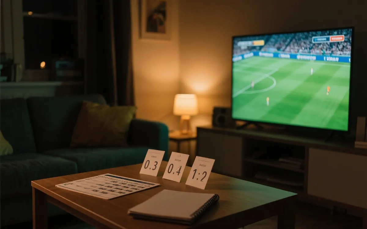 夜晚客厅观赛的氛围布置，屏幕显示足球比赛与时间表卡片