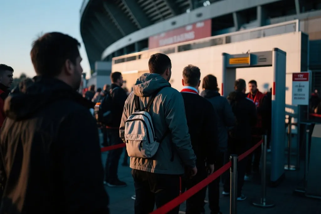 体育场入口排队安检场景，球迷背轻便小包，强调轻量与规则