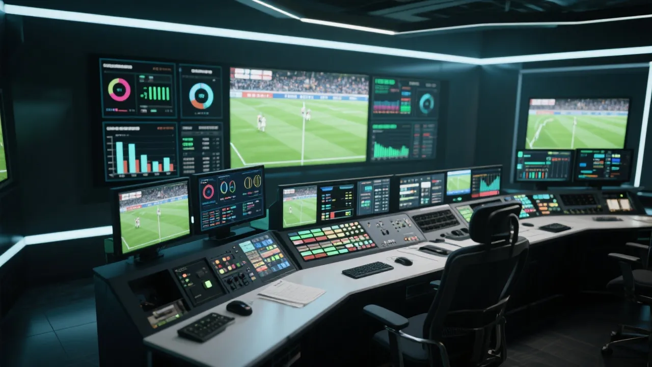 数据看板与转播制作台的视觉，象征世界杯转播的产品化与数据化